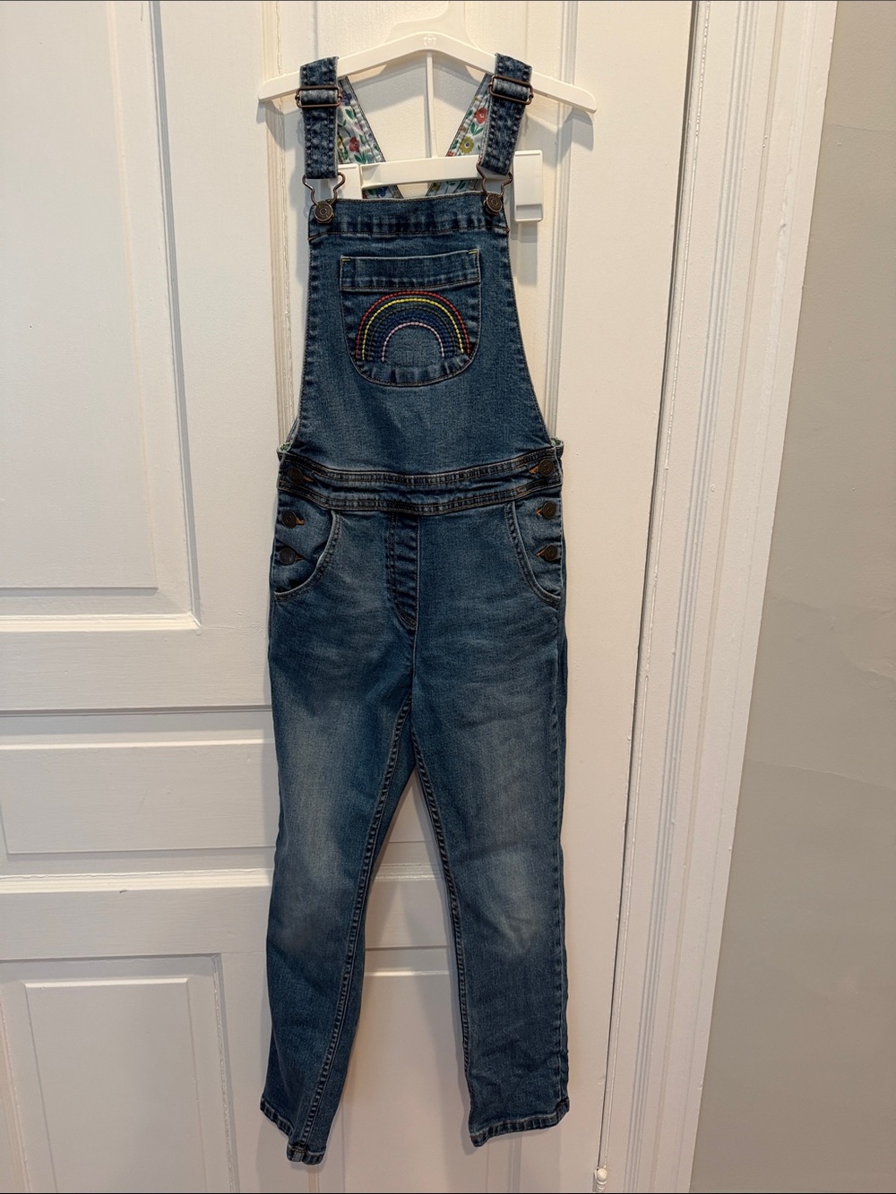 EUC Mini Boden rainbow denim overalls
